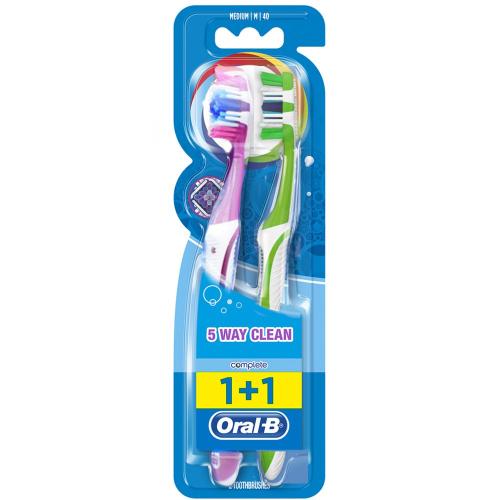 Oral-B Complete 5 Way Clean Medium Toothbrush 40mm Μωβ - Πράσινο Οδοντόβουρτσα με Μεσαίας Σκληρότητας Ίνες για Βαθύ Καθαρισμό 2 Τεμάχια